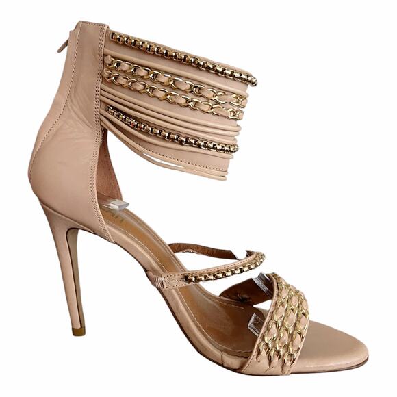 ALVEA Tan Leather Strappy Sandal Chain Stiletto Heels Ankle Strap Zip Closure 8 - Picture 1 of 9